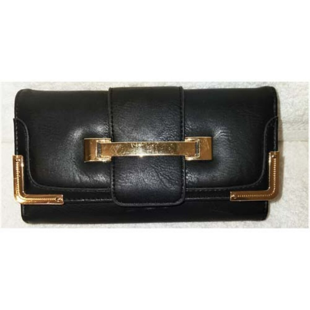 NEW BLACK VEGAN TRI-FOLD WALLET, GOLD TONE TRIM, 3 SLIP POCKETS, 8 CREDIT CARD